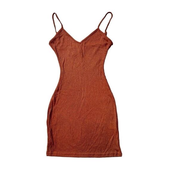Superdown Adrianna Sheer Mini Dress Women’s XXS Rust Metallic Ribbed Knit - Picture 3 of 12